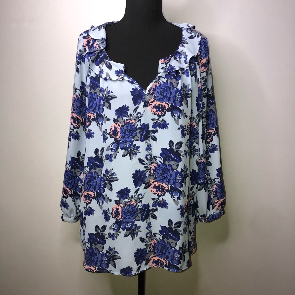 ELLE Blue Pink Coral Floral Ruffle XL Blouse